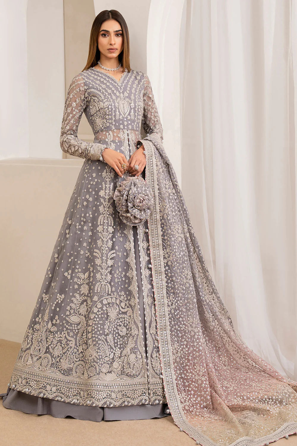 Buy Gray Embroidered Chiffon Front Slit Anarkali Set at PinkPhulkari 