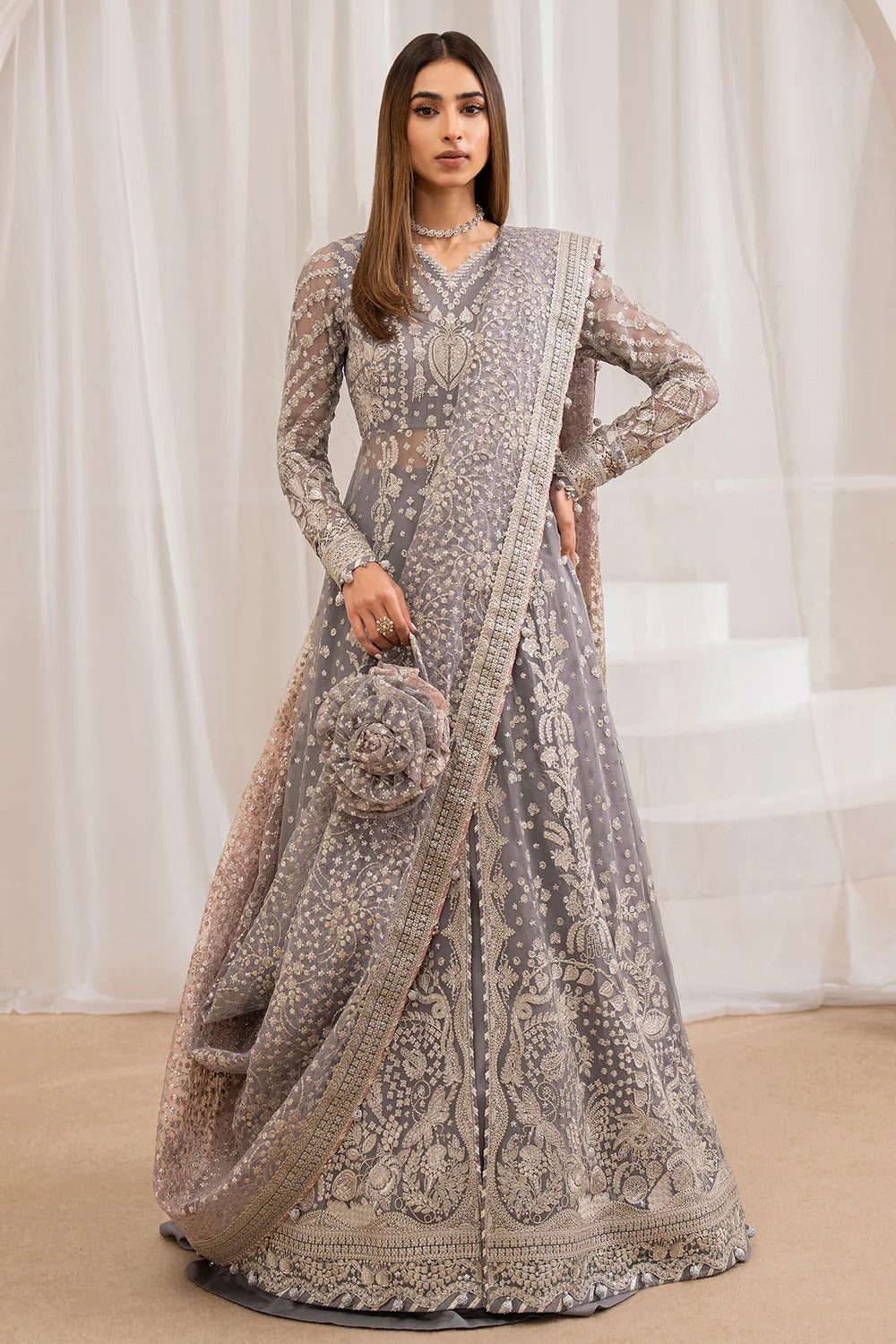 Buy Gray Embroidered Chiffon Front Slit Anarkali Set at PinkPhulkari 