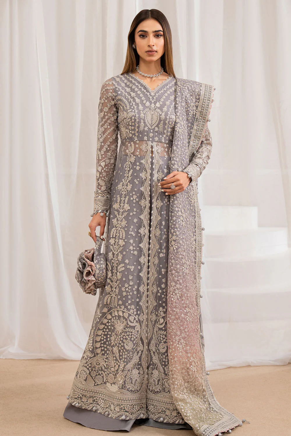 Buy Gray Embroidered Chiffon Front Slit Anarkali Set at PinkPhulkari 