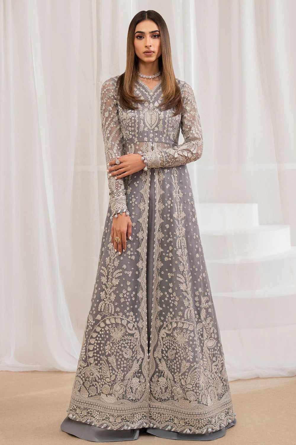 Buy Gray Embroidered Chiffon Front Slit Anarkali Set at PinkPhulkari 