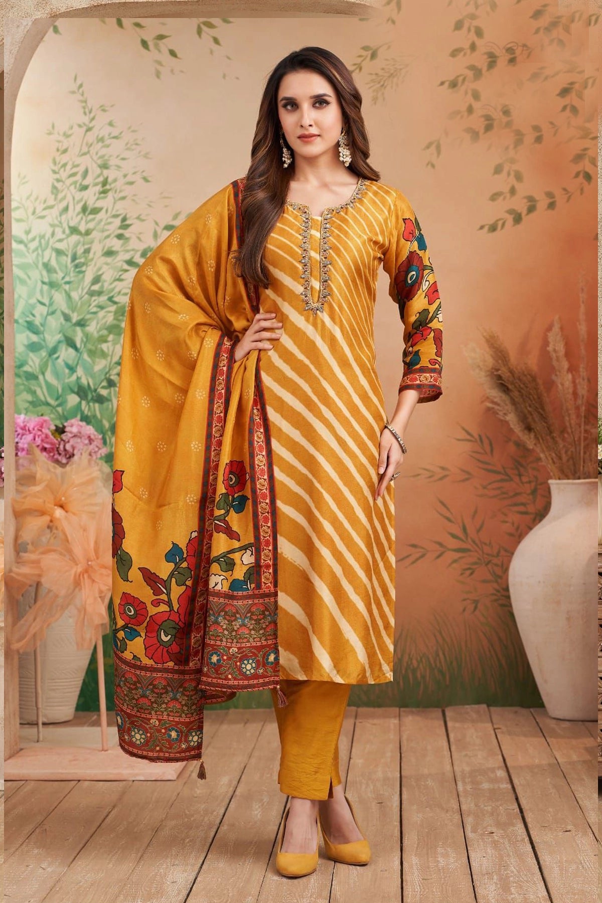 Mustard Yellow Dola Silk Pant Style Kurta Set