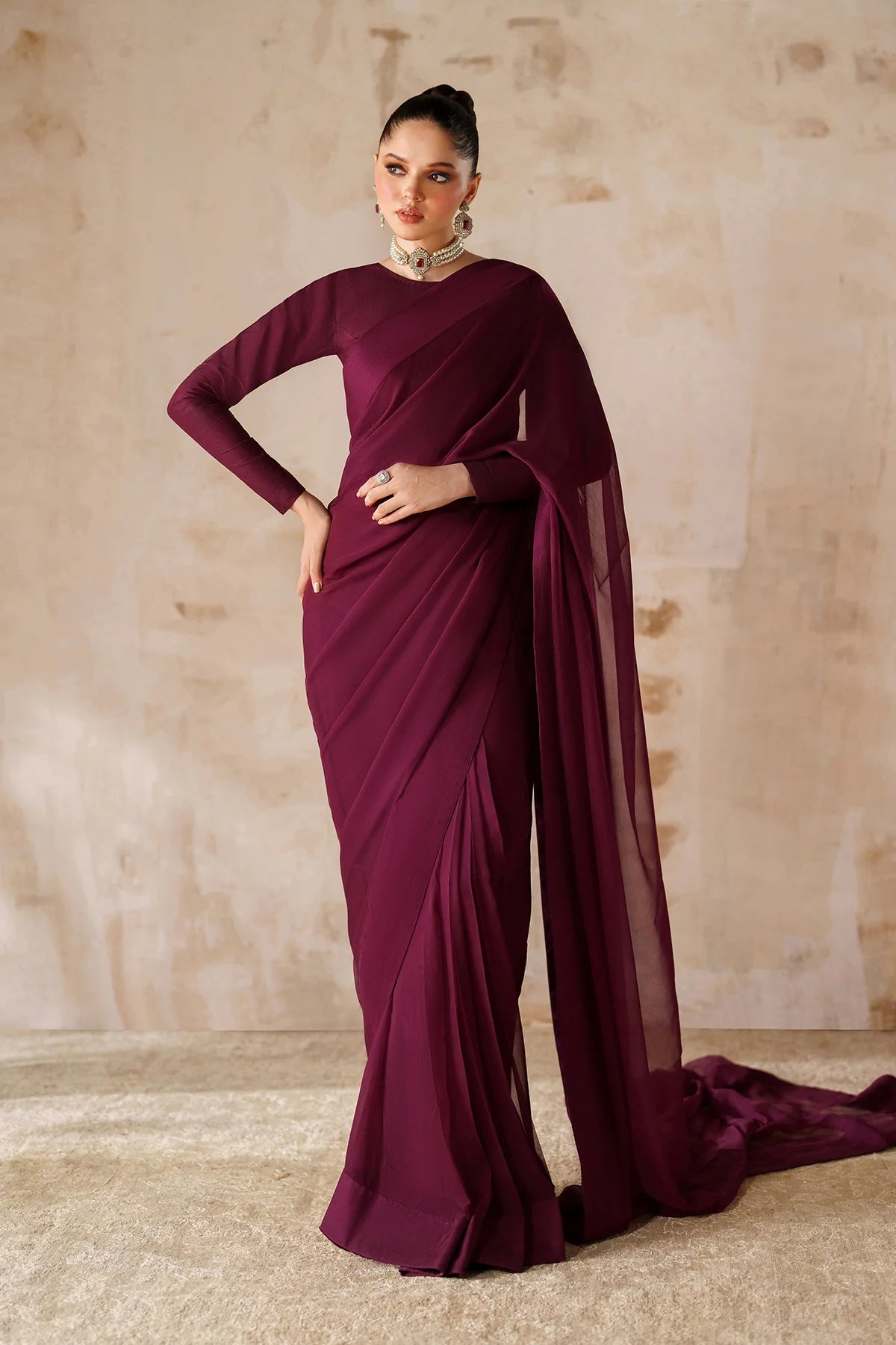 Maroon Plain Chiffon Saree, Chiffon / Maroon / M(38)