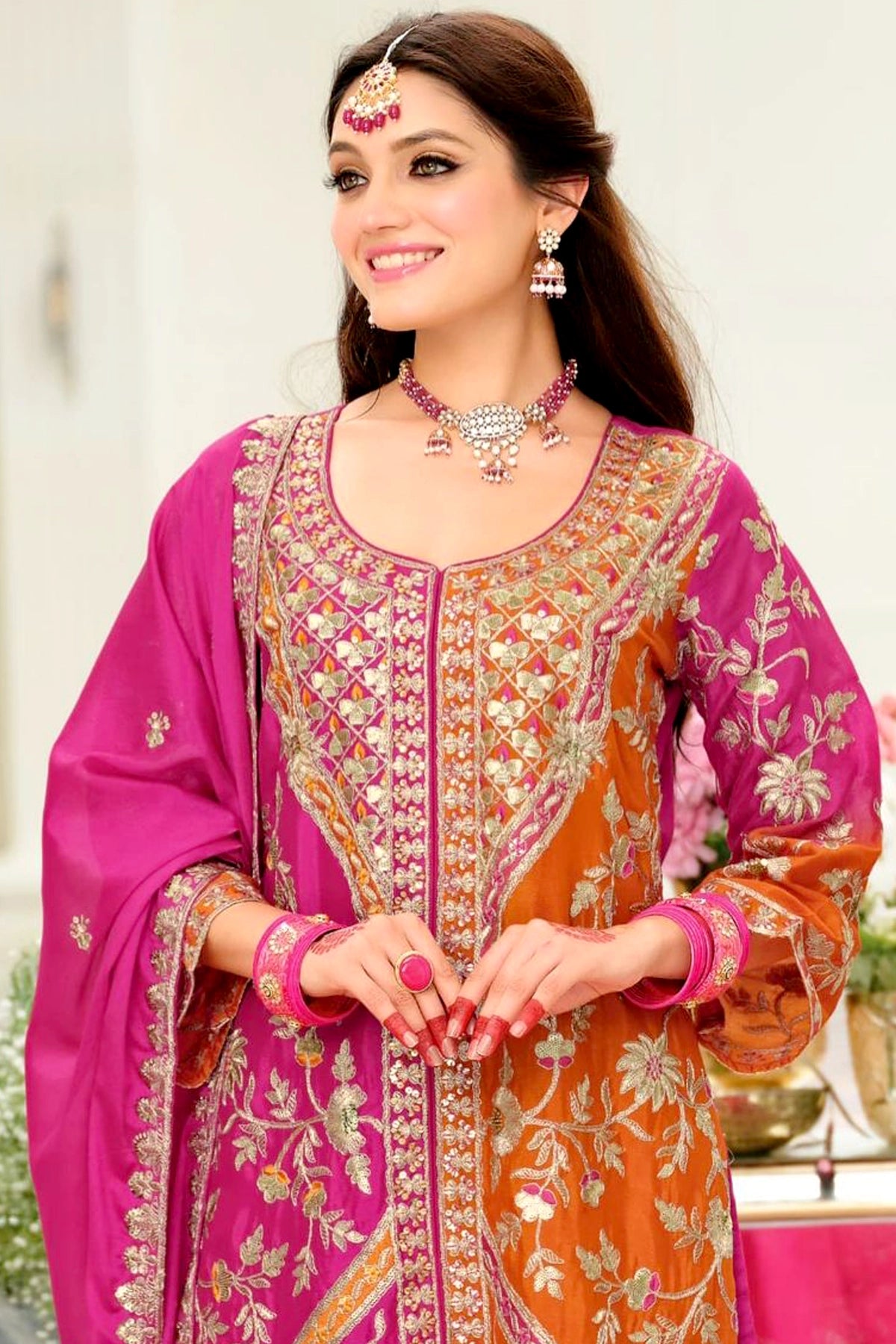 Pink & Orange Chinon Silk Palazzo Suit