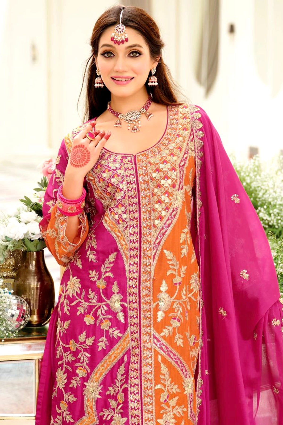 Pink & Orange Chinon Silk Palazzo Suit