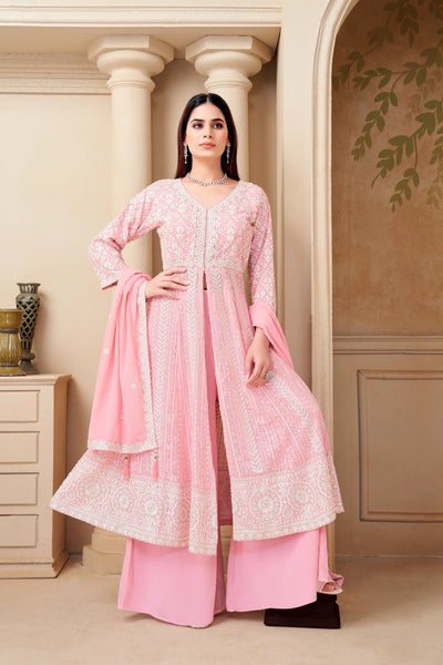 Pink Embroidered Georgette Anarkali Set  | V-Neck Festive Wear