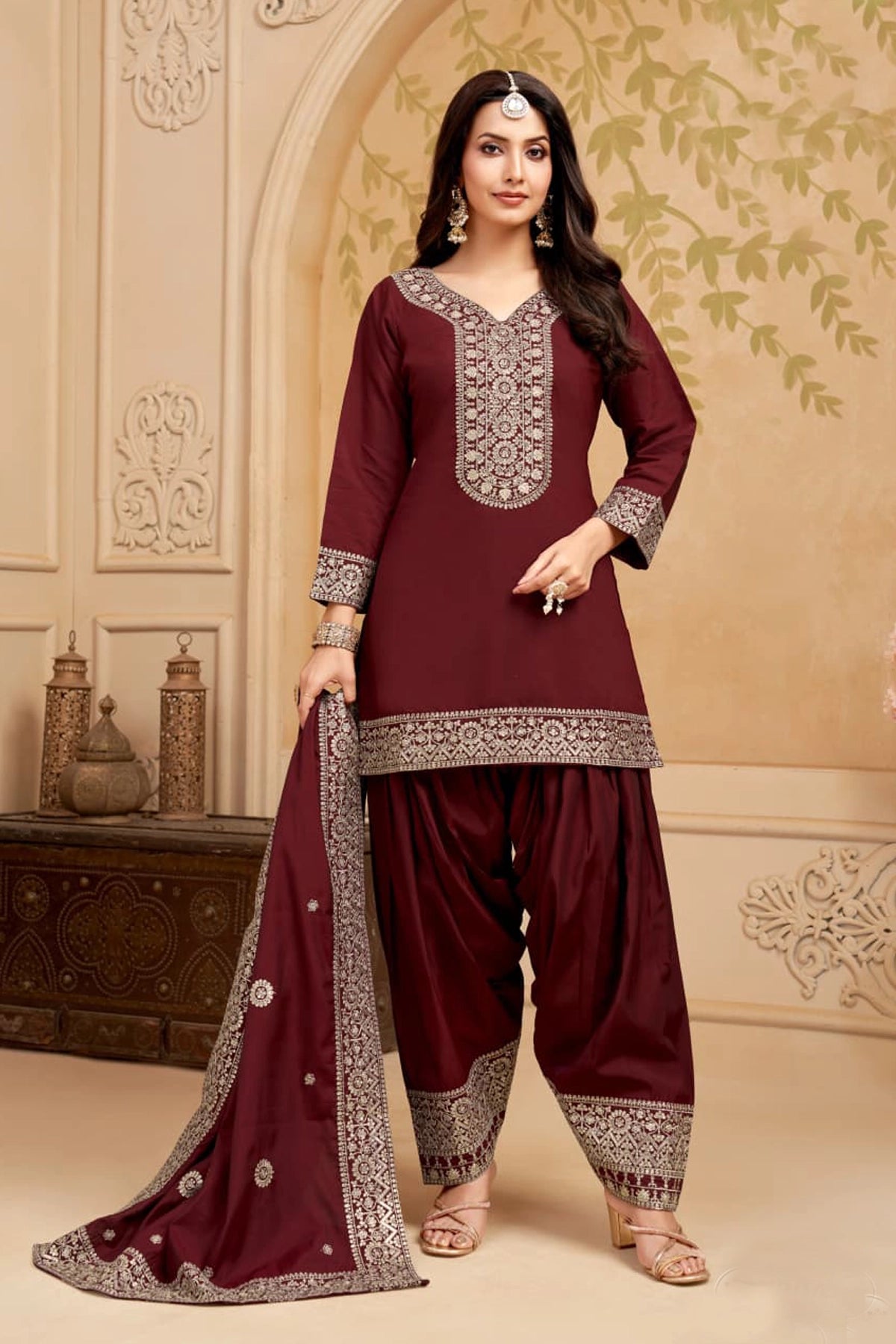 Maroon Silk Embroidered Punjabi Patiala Suit
