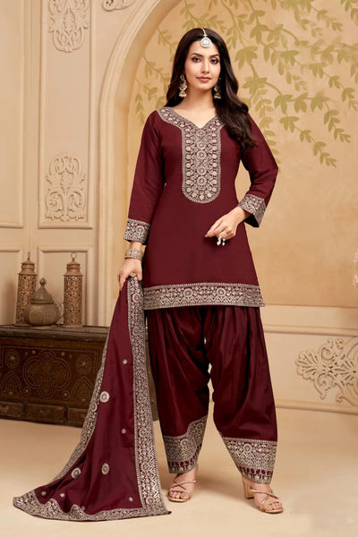  Maroon Silk Embroidered Punjabi Patiala Suit 