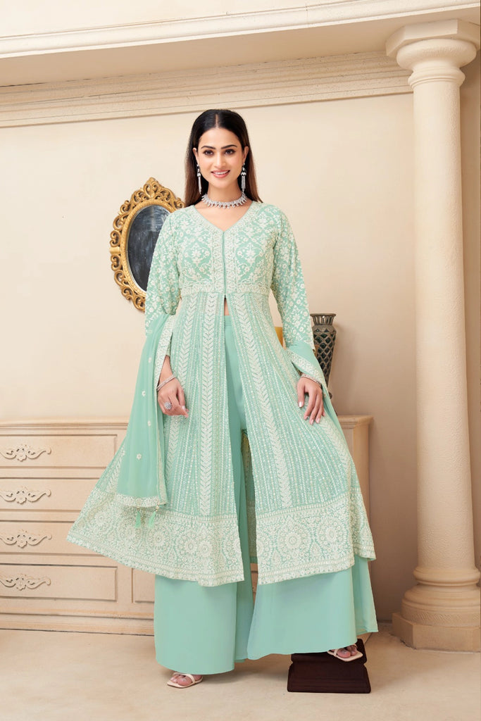 Mint Green Embroidered Georgette Front Slit Indian & Pakistani Anarkali Set, Georgette / Honeydew / M(38)