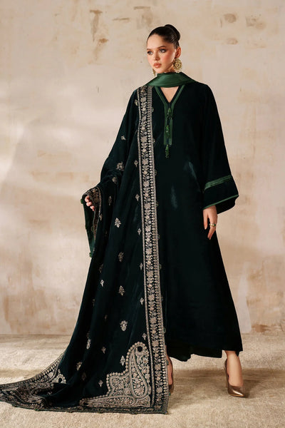 Woman wearing a dark green traditional outfit with a matching heavy embroidered velvet shawl against a beige background