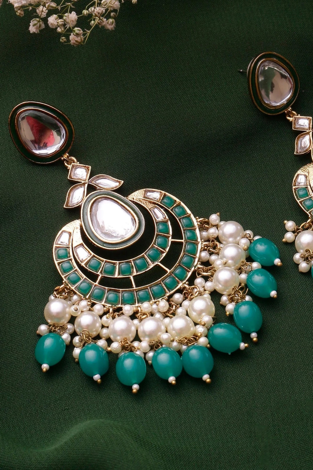 Buy Teal Green Kundan Pearl Chandbali Earrings Online