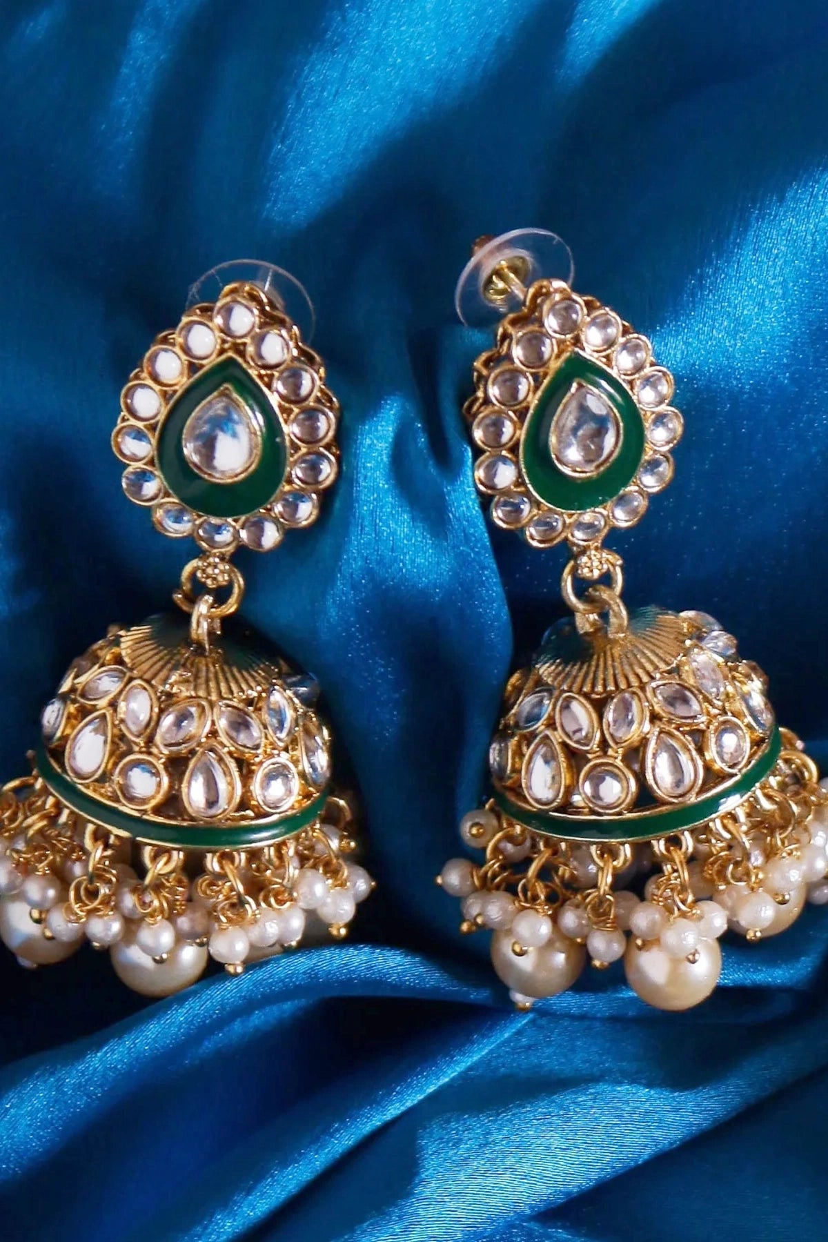 Gold Finish Green Jhumka & Maang Tikka Set – Kundan Jewelry