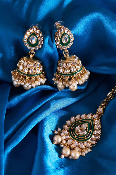 Gold Finish Green Jhumka & Maang Tikka Set – Kundan Jewelry