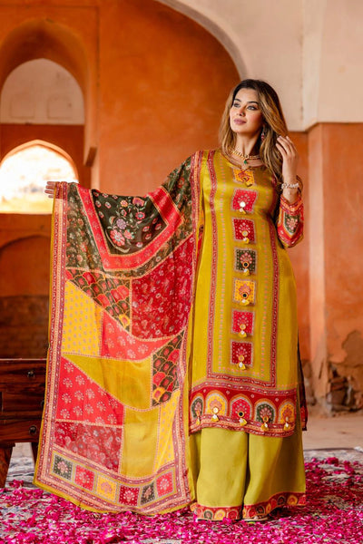 Mehendi Green Crepe Silk Palazzo Style Kurta Set