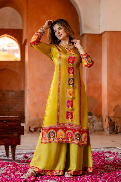 Women wearing Mehendi Green Crepe Silk Palazzo Style Kurta SetWomen wearing Mehendi Green Crepe Silk Palazzo Style Kurta Set