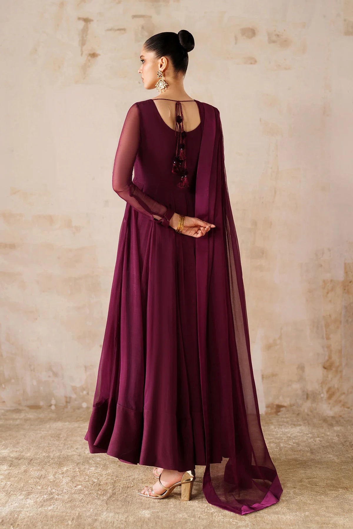 Burgundy Plain Chiffon Dupatta with Silk Border Detailing