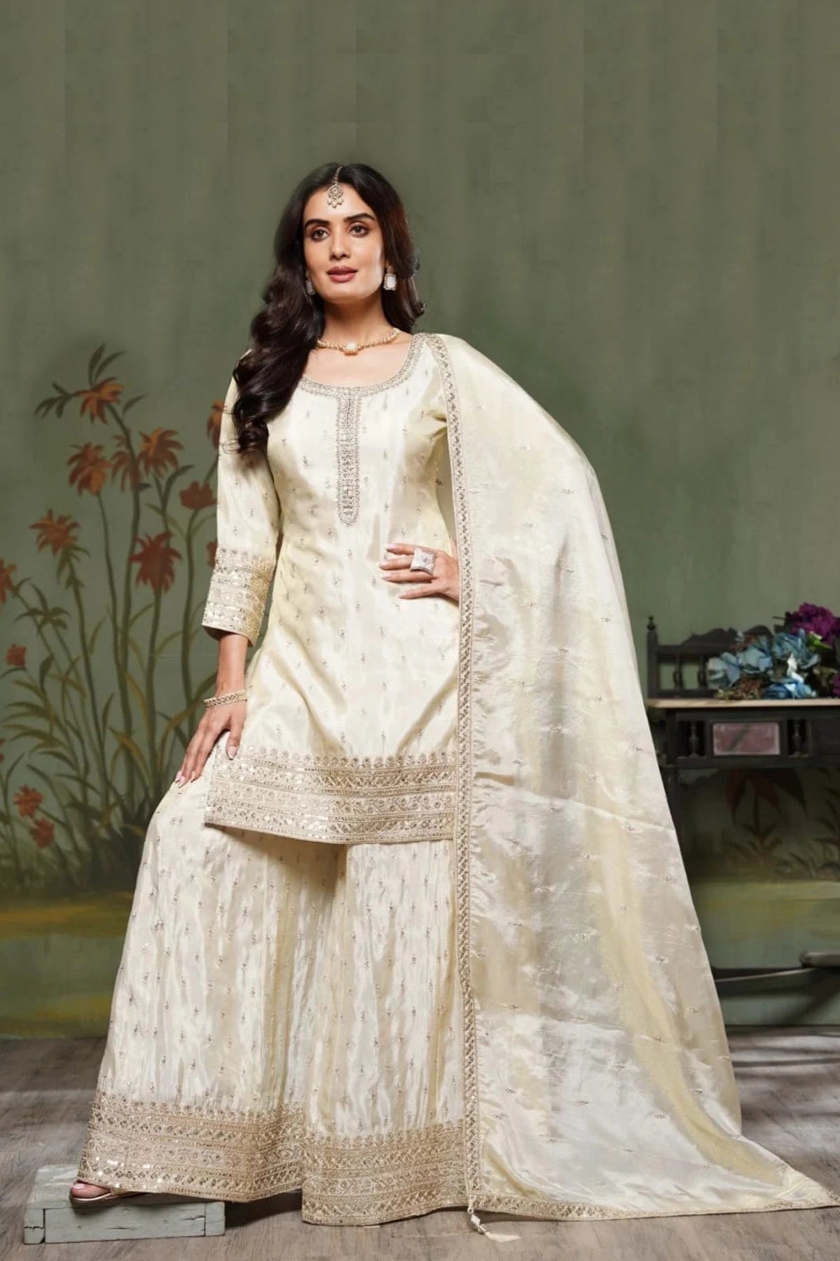 Shimmer Silk Embroidered Sharara Suit Set - PinkPhulkari California