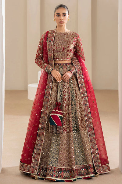 Woman wearing a traditional red embroidered Chiffon Bridal Lehenga outfit with a red dupatta in a neutral settingWoman wearing a traditional red embroidered Chiffon Bridal Lehenga outfit with a red dupatta in a neutral setting
