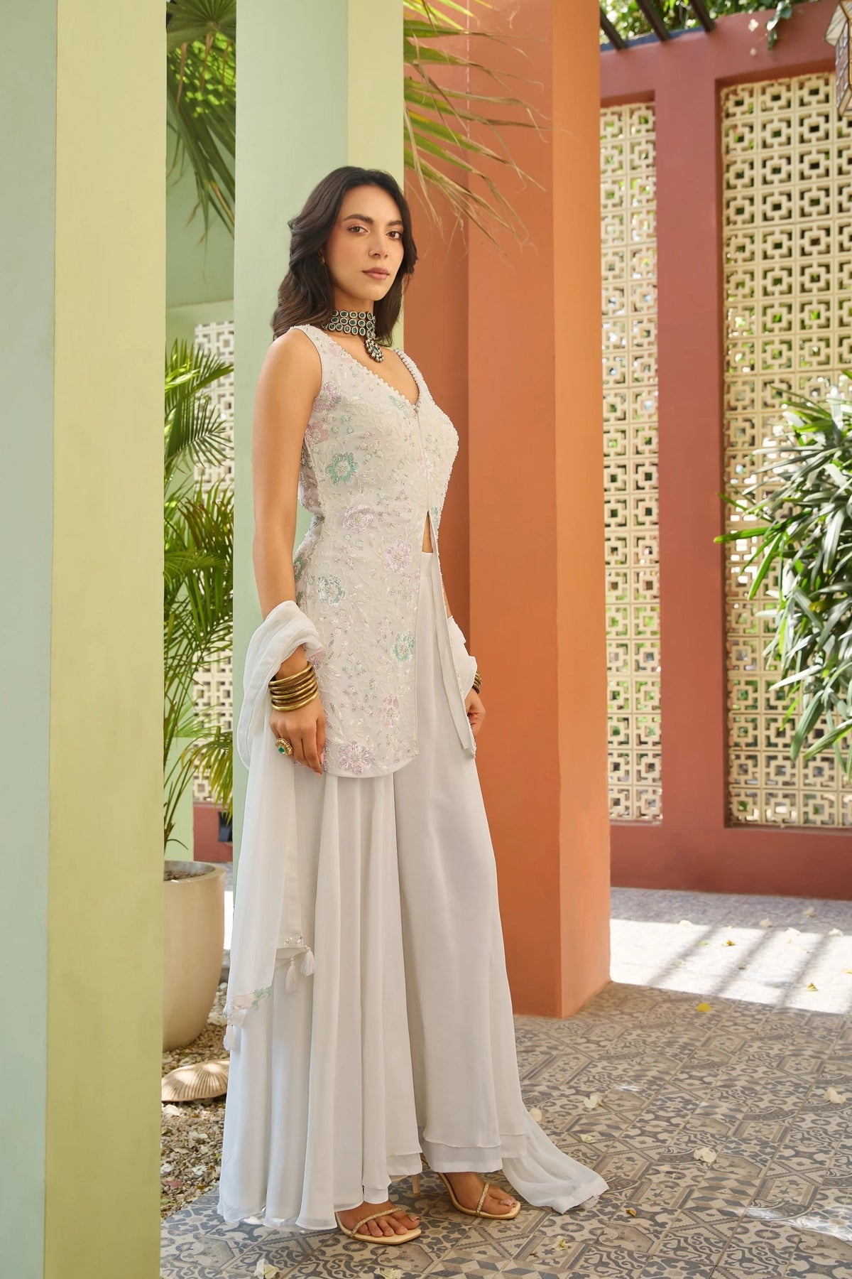 White Embroidered Indo-Western Palazzo Set