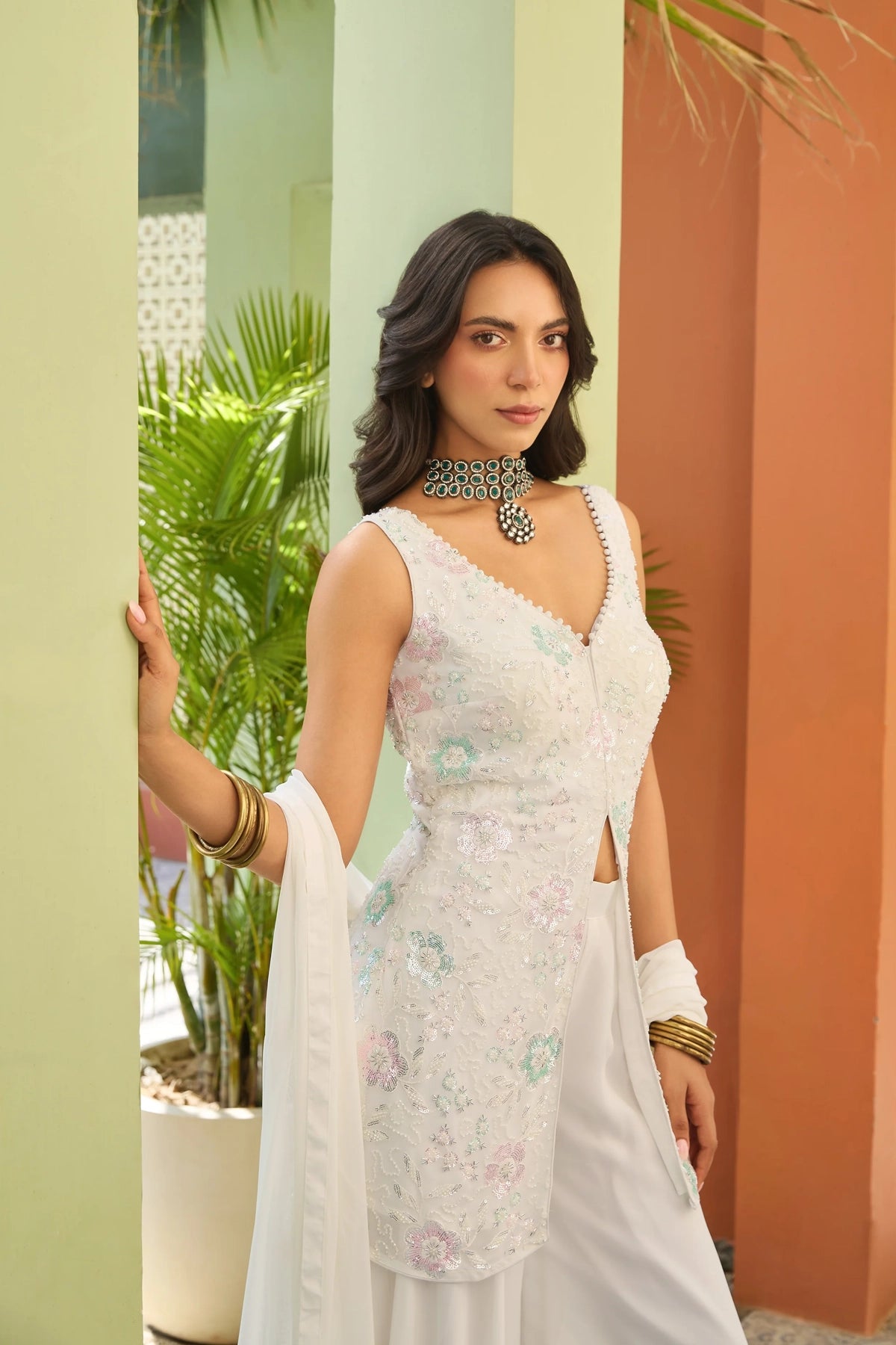 White Embroidered Indo-Western Palazzo Set