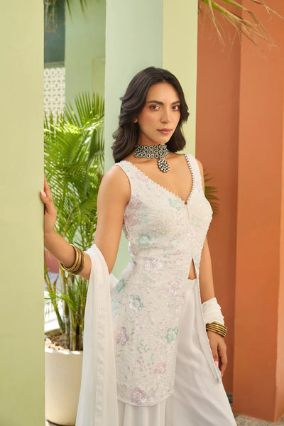White Embroidered Indo-Western Palazzo SetWhite Embroidered Indo-Western Palazzo Set
