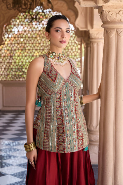 Maroon Silk Embroidered Dhoti Style Suit With DupattaMaroon Silk Embroidered Dhoti Style Suit With Dupatta