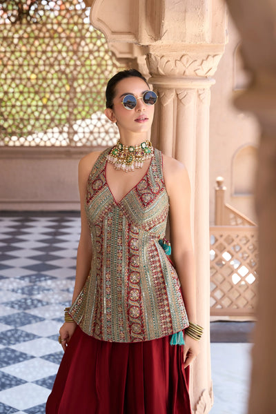 Maroon Silk Embroidered Dhoti Style Suit With DupattaMaroon Silk Embroidered Dhoti Style Suit With Dupatta