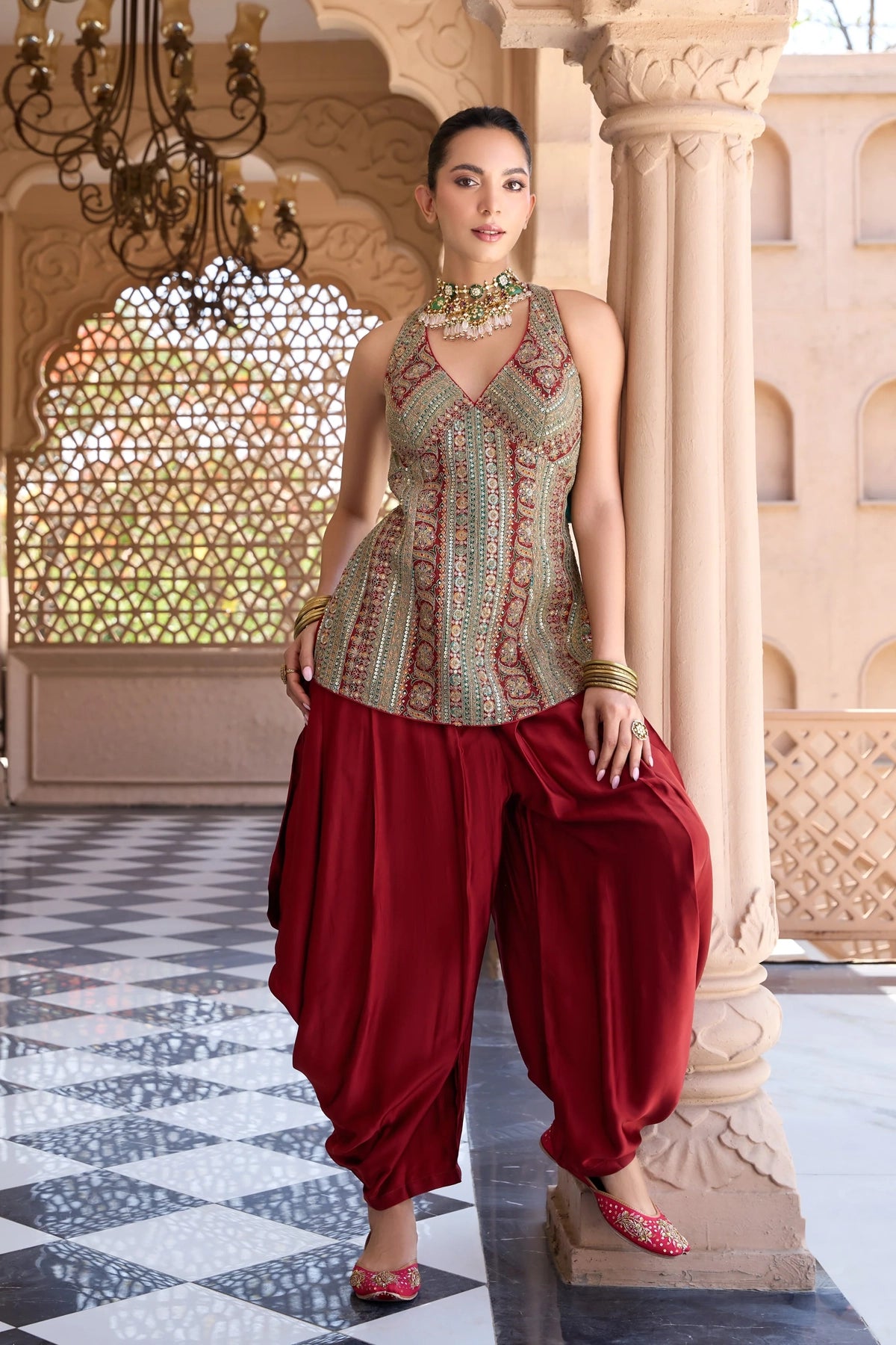 Maroon Silk Embroidered Dhoti Style Suit With Dupatta