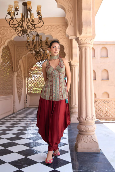  Maroon Silk Embroidered Dhoti Style Suit With Dupatta 