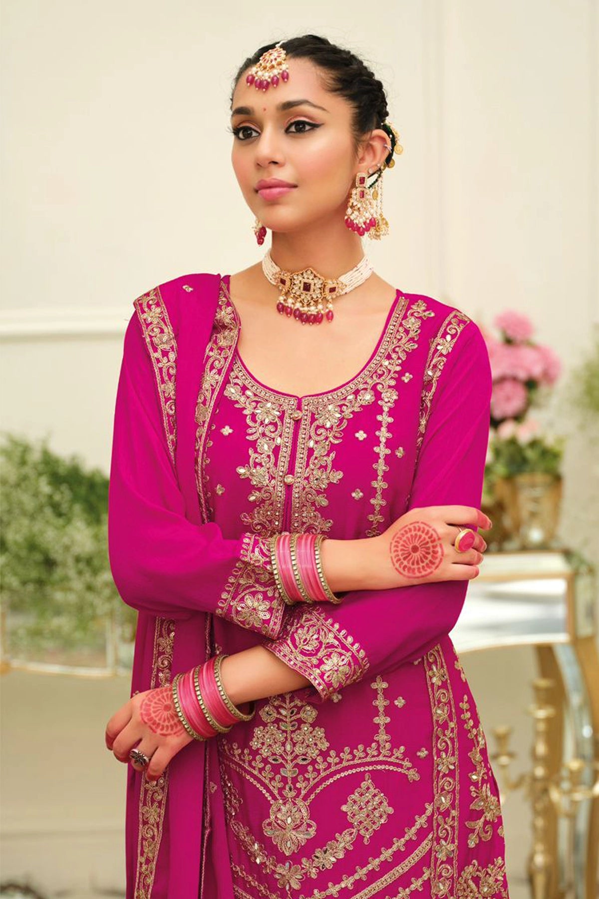 Rani Pink Chinon Silk Embroidered Sharara Style Suit