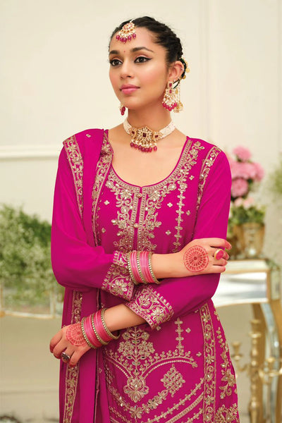 Rani Pink Chinon Silk Embroidered Sharara Style SuitRani Pink Chinon Silk Embroidered Sharara Style Suit