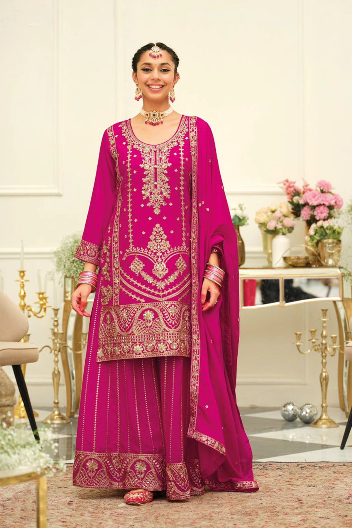 Rani Pink Chinon Silk Embroidered Sharara Style Suit