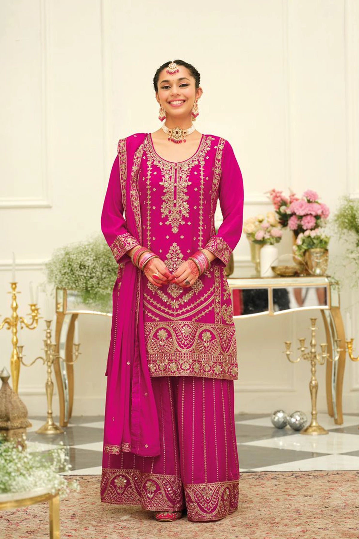 Rani Pink Chinon Silk Embroidered Sharara Style Suit
