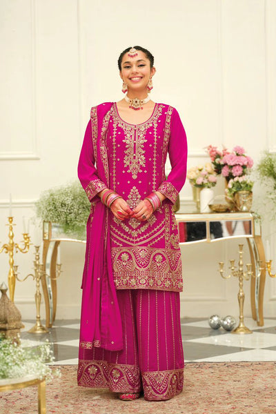  Rani Pink Chinon Silk Embroidered Sharara Style Suit 
