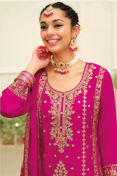 Rani Pink Chinon Silk Embroidered Sharara Style SuitRani Pink Chinon Silk Embroidered Sharara Style Suit
