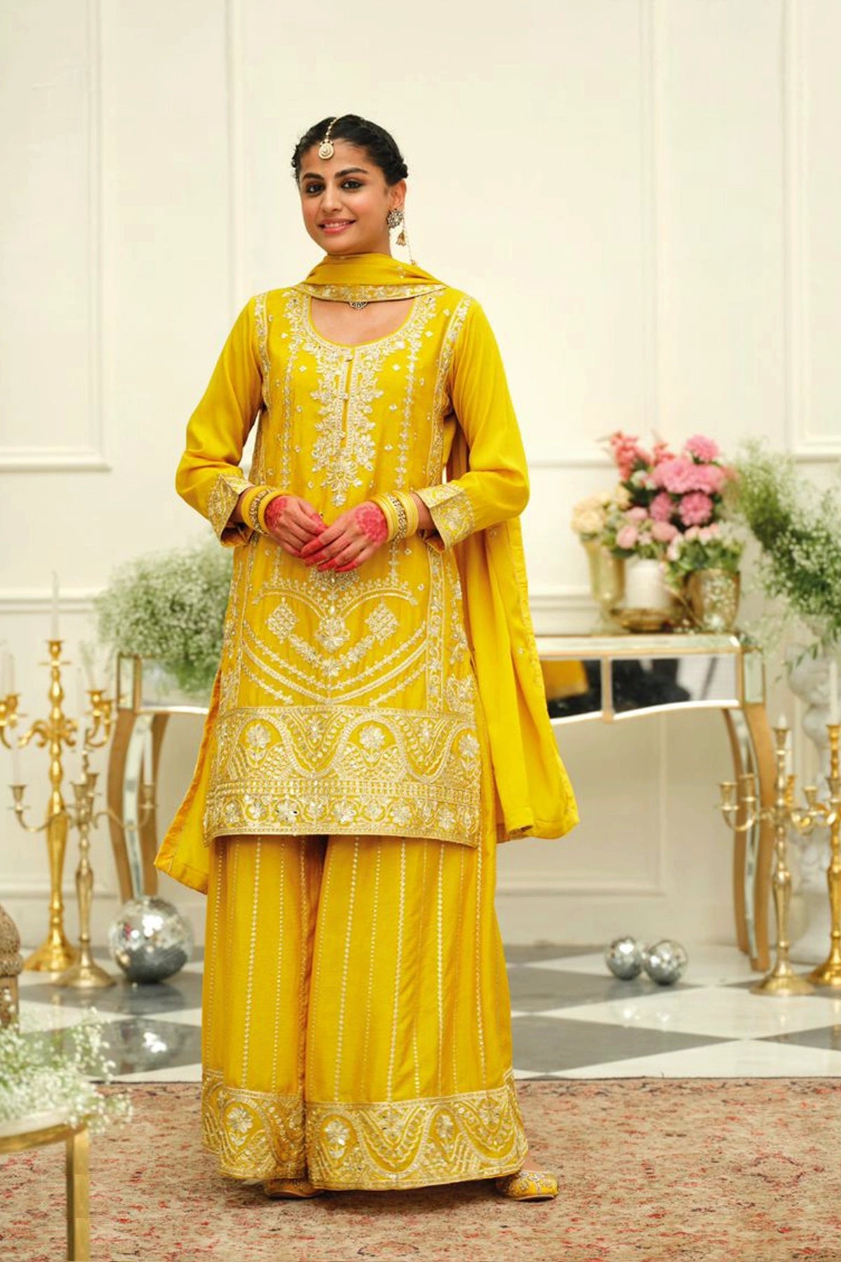 Yellow Chinon Silk Embroidered Sharara Style Suit