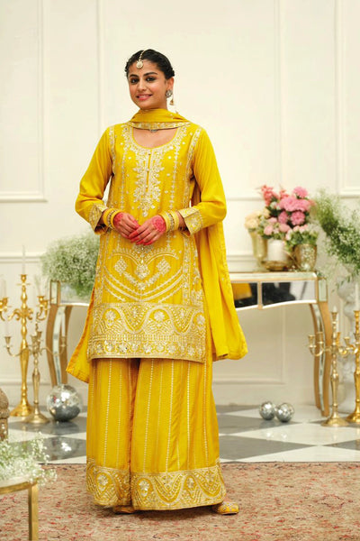 Yellow Chinon Silk Embroidered Sharara Style SuitYellow Chinon Silk Embroidered Sharara Style Suit