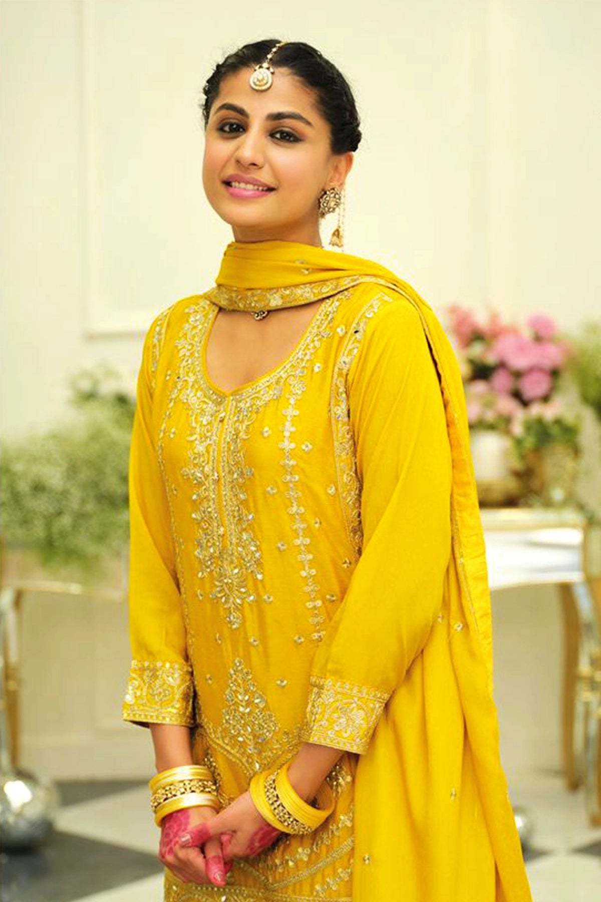 Yellow Chinon Silk Embroidered Sharara Style Suit