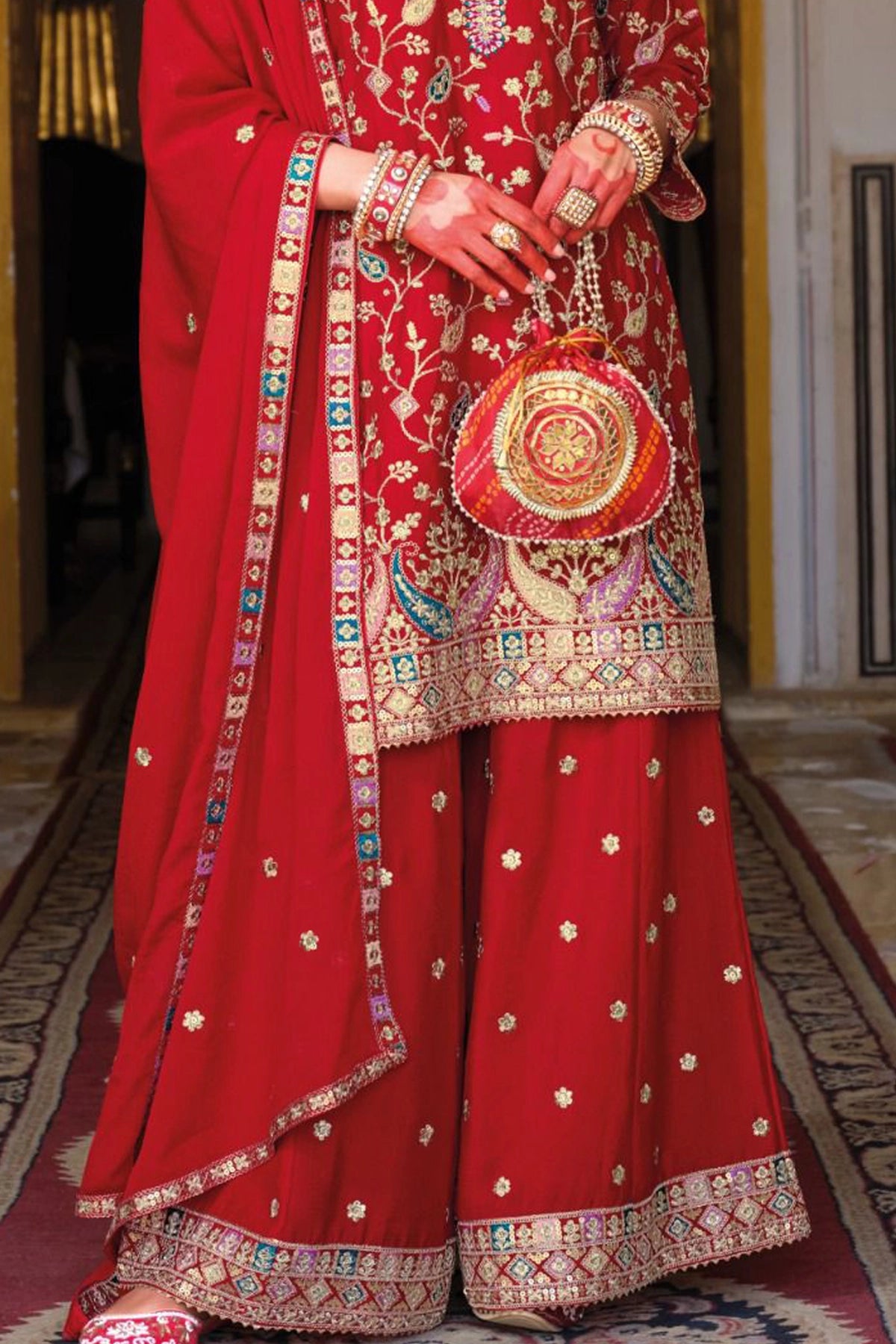 Red Embroidered Chinon Silk Sharara Style Suit