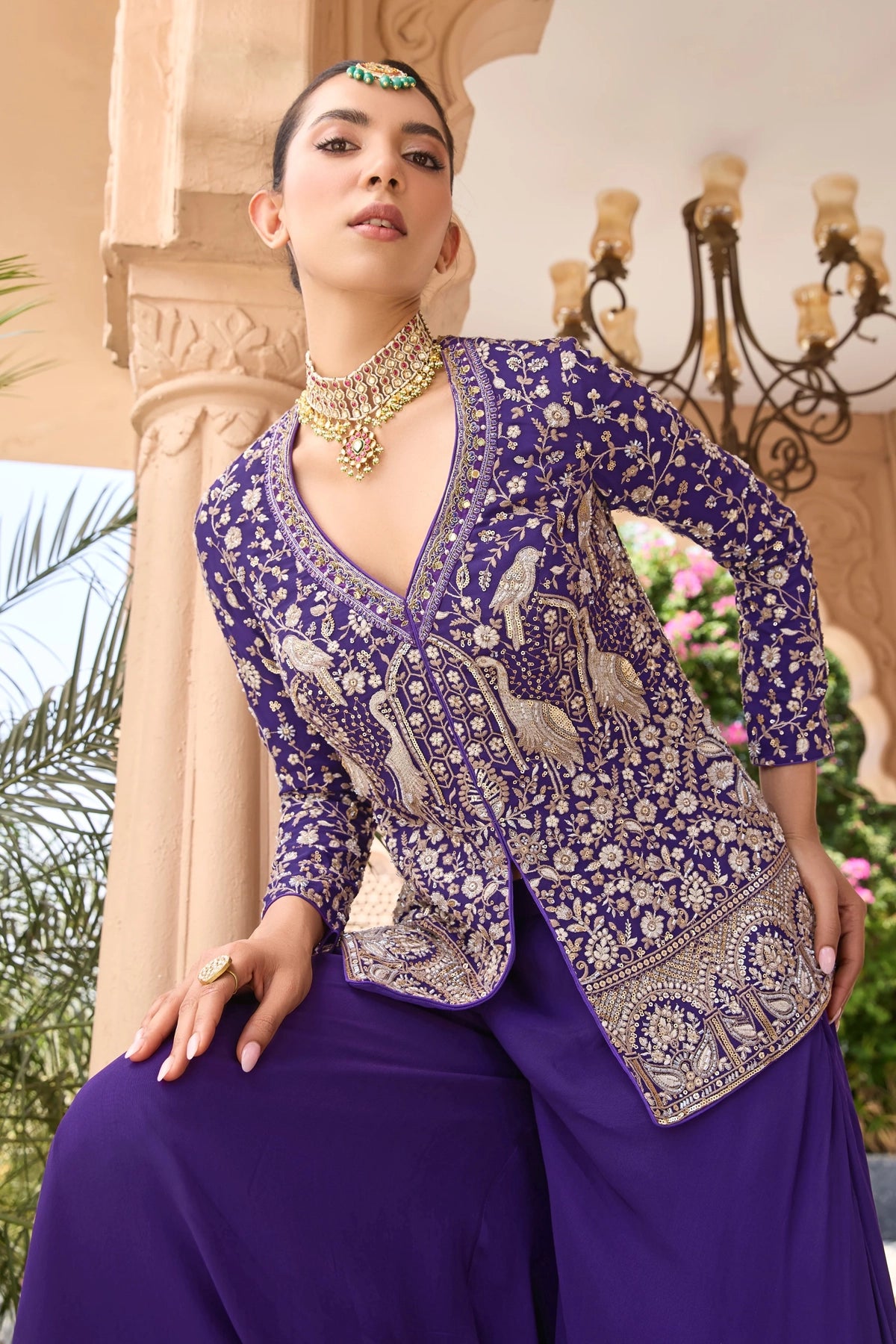 Royal Purple Embroidered Georgette Palazzo Suit