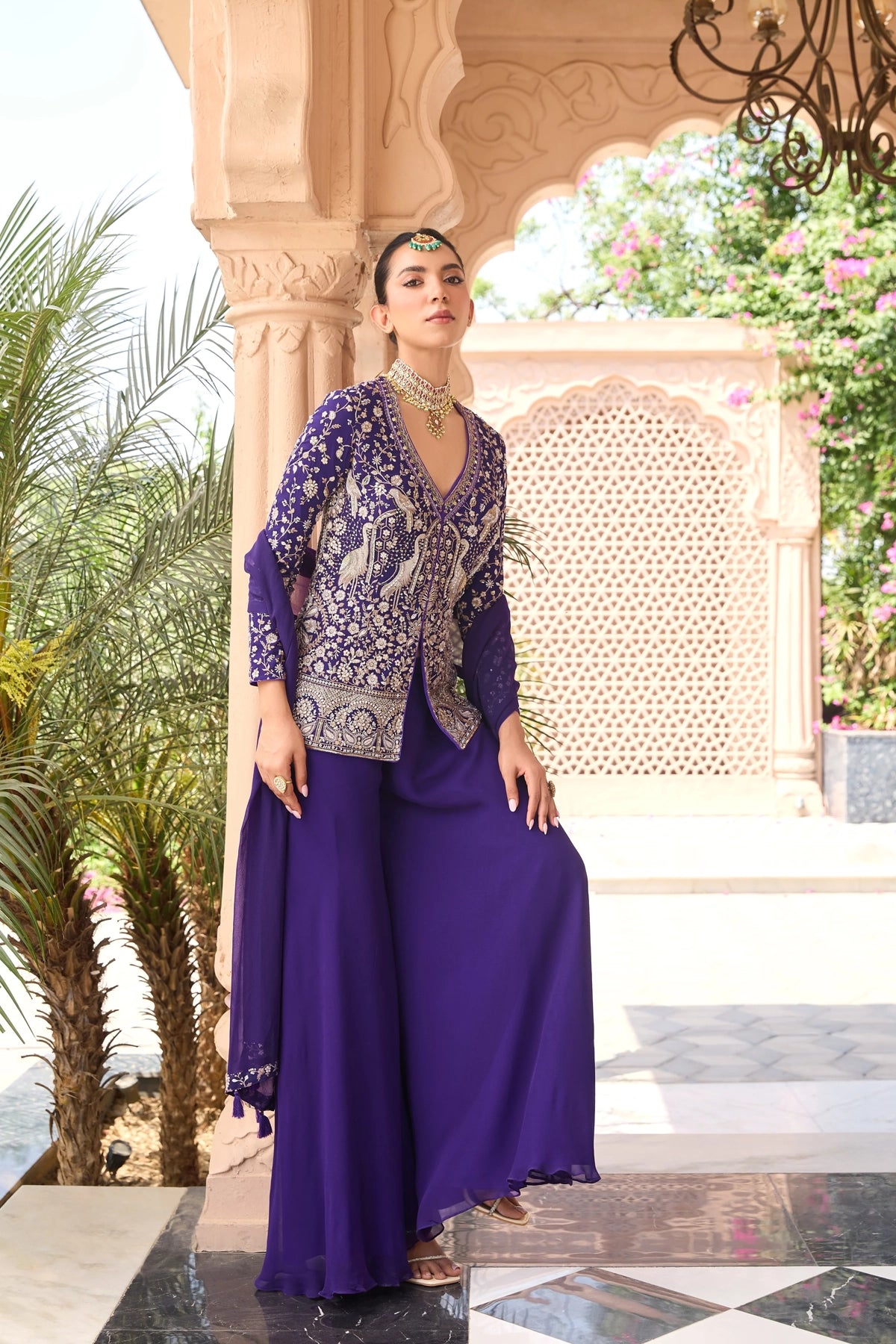 Royal Purple Embroidered Georgette Palazzo Suit
