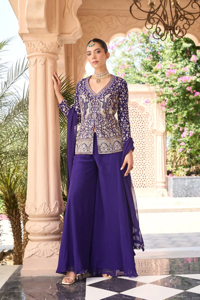  Royal Purple Embroidered Georgette Palazzo Suit 