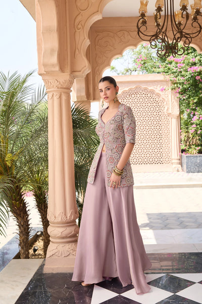 Rose Pink Embroidered Silk Palazzo SuitRose Pink Embroidered Silk Palazzo Suit