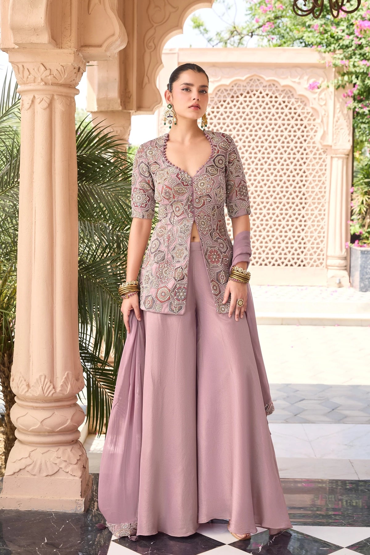 Rose Pink Embroidered Silk Palazzo Suit