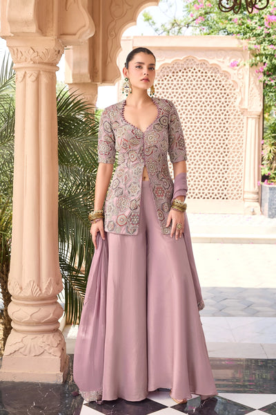  Rose Pink Embroidered Silk Palazzo Suit 