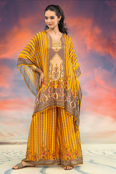 Yellow Chinon Silk Printed Kaftan & Palazzo Set 
