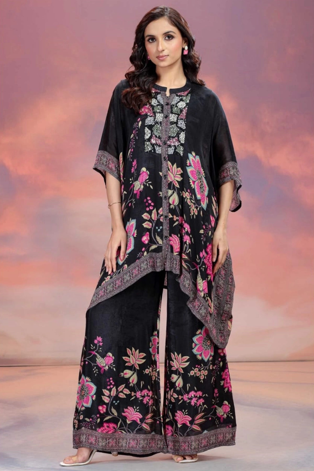 Women wearing Black Chinon Silk Printed Kaftan & Palazzo Set 