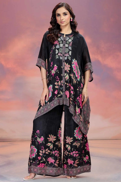 Women wearing Black Chinon Silk Printed Kaftan & Palazzo Set 