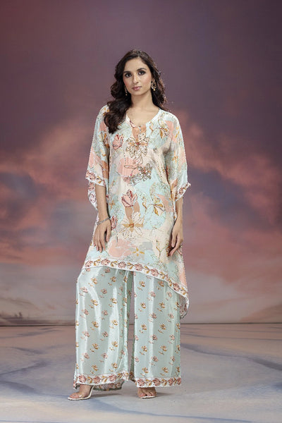Woman wearing a Mint Green Crepe Printed Kaftan & Palazzo Set with Embroidery 