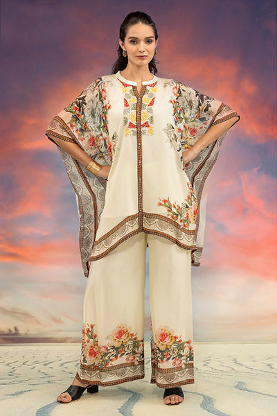 Off White Chinon Silk Printed Kaftan & Palazzo Set