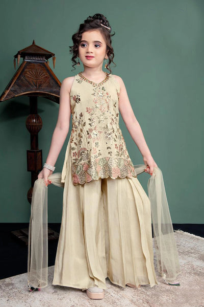  Beige Embroidered Kids Palazzo Suit Set 
